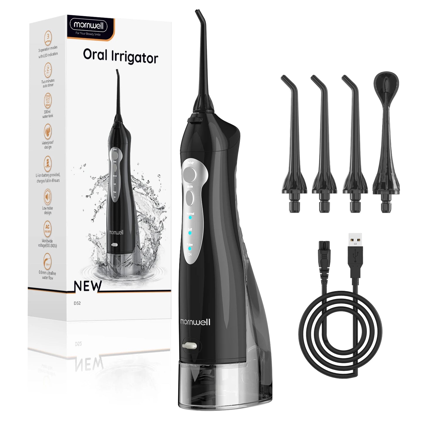 Oral Irrigator D52 Portable Dental Water Flosser USB Rechargeable Water Jet Floss Tooth Pick 4 Jet Tip 300Ml 3 Modes Teeth Clean