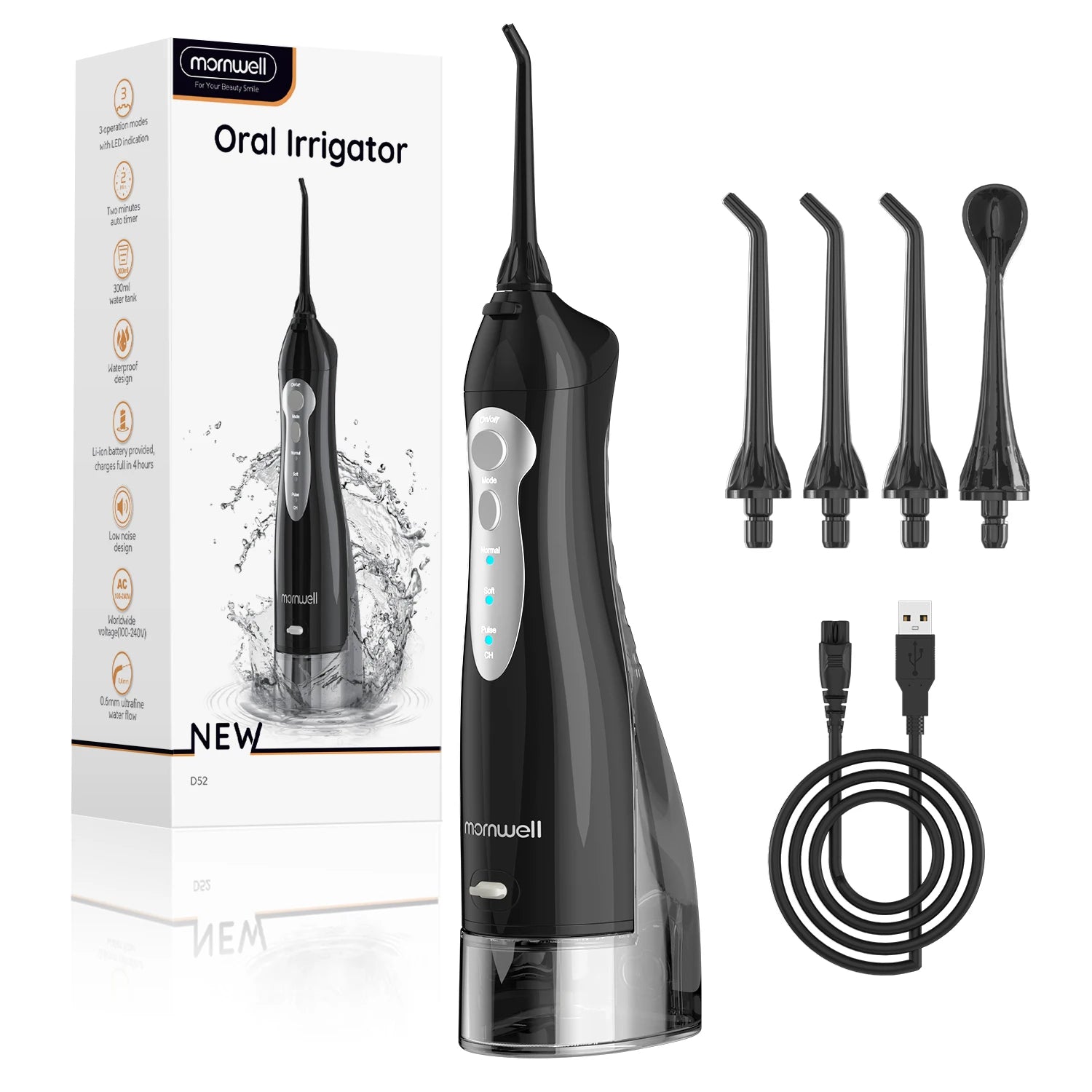 Oral Irrigator D52 Portable Dental Water Flosser USB Rechargeable Water Jet Floss Tooth Pick 4 Jet Tip 300Ml 3 Modes Teeth Clean